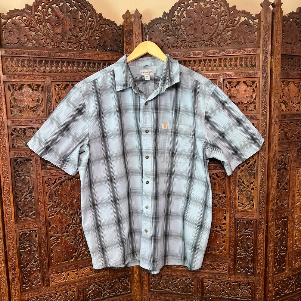 Carhartt Men’s Blue Gray Plaid Button Up Shirt XXL Relaxed Fit Workwear